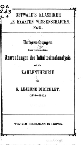 Untersuchungen über verschiedene Anwendungen der Infinitesimalanalysis auf die Zahlentheorie (1839-1840)