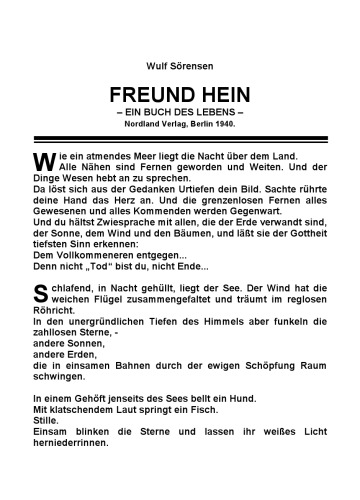 Soerensen, Wulf - Freund Hein - Ein Buch des Lebens (1940, 18 S., Text)