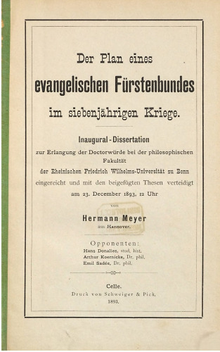 Der Plan eines evangelischen Fürstenbundes im Siebenjährigen Kriege
