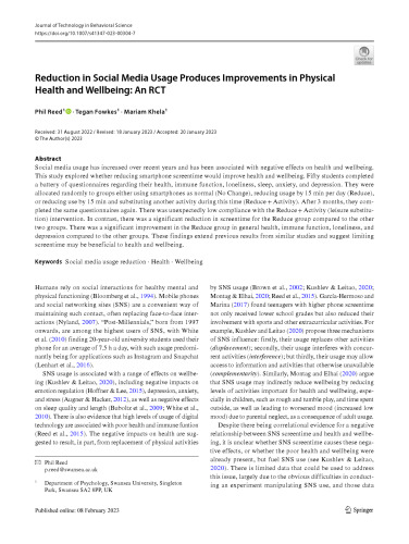 Reduction in Social Media Usage Produces Improvements in Physical Health and Wellbeing: An RCT