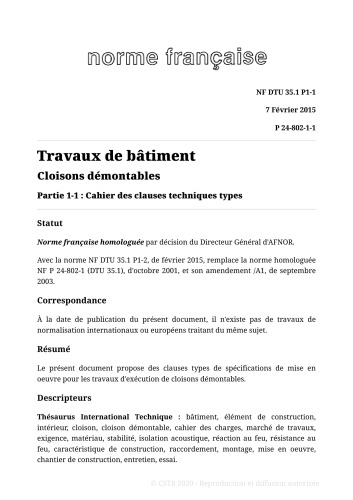 NF DTU 35.1 (P24-802) : Cloisons démontables