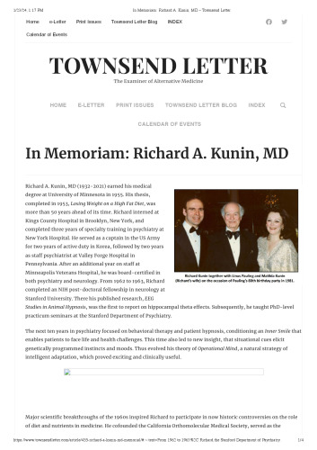 Dr Richard Kunin MD - Articles on Orthomolecular Medicine -- nurition vitamins minerals Orthomolecular Nutrition colleague of Linus Pauling Abram Hoffer Robert Cathcart Frederick Klenner