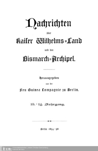 Nachrichten über Kaiser Wilhelms-Land und den Bismarck-Archipel