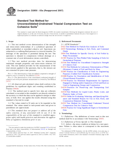 ASTM D2850-03a Standard Test Method for Unconsolidated-Undrained Triaxial Compression Test on Cohesive Soil
