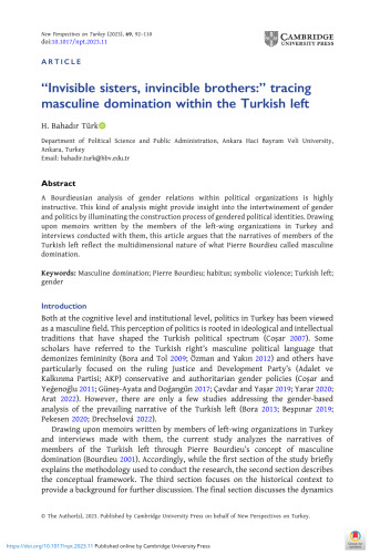 “Invisible sisters, invincible brothers:” tracing masculine domination within the Turkish left