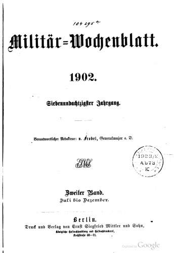 Militär-Wochenblatt. Angebunden: Beilagen