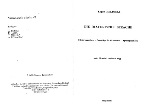 Die matorische Sprache : Wörterverzeichnis, Grundzüge der Grammatik, Sprachgeschichte