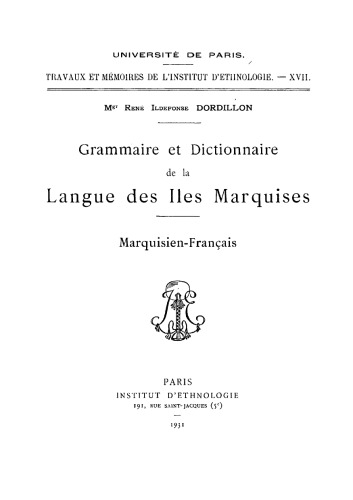 Grammaire et dictionnaire de la langue des Iles Marquises : Marquisien - français