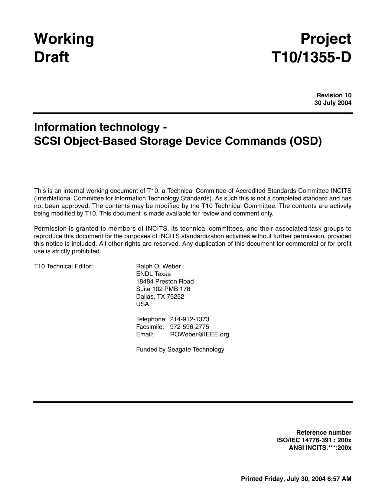 SCSI Object-Based Storage Device Commands (OSD r10)