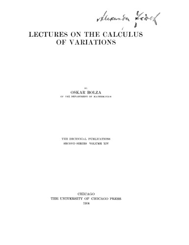 Lectures on the calculus of variations