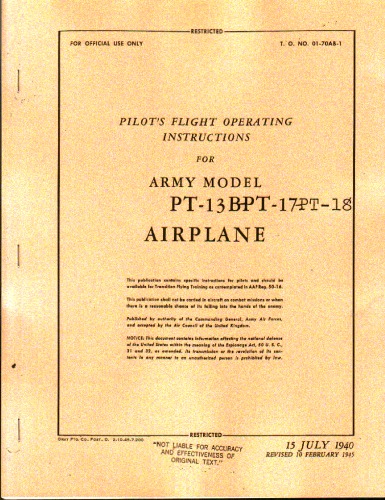 Pilot's flight operating instructions for army model PT-17 Airplane