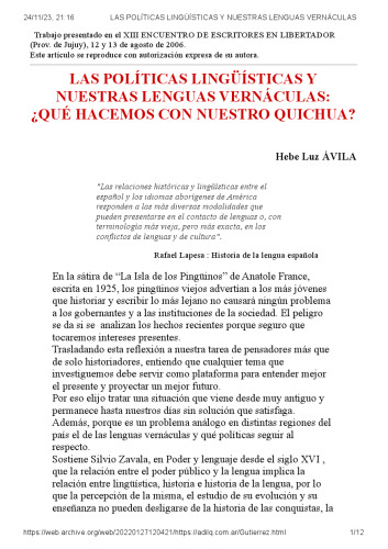 Las políticas lingüísticas y nuestras lenguas vernáculas: ¿qué hacemos con nuestro quichua?
