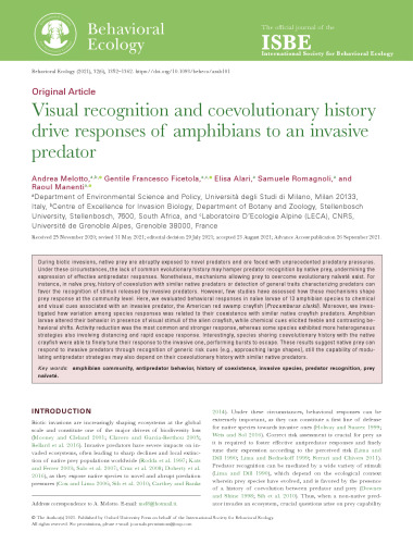 Visual recognition and coevolutionary history drive responses of amphibians to an invasive predator