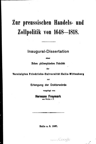 Zur preussischen Handels- und Zollpolitik von 1648-1818