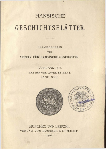 Hansische Geschichtsblätter (Jahrgang 1916)