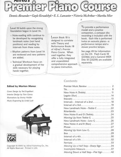 Alfred's Premier Piano Course Lesson 1B