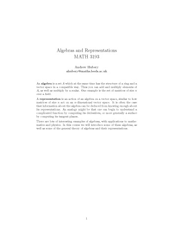 Algebras and Representations MATH 3193