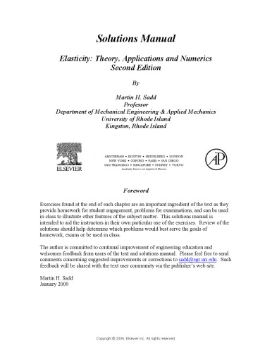 Elasticity: Theory, Applications and Numerics, Second Edition: Solutions Manual