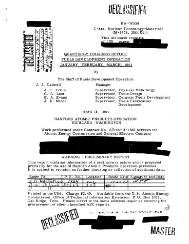 Fuels [nuclear] Development Operation [qtrly rpt, Jan-Mar 1961] [declassified]