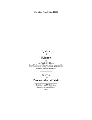The Phenomenology of Spirit. Translated and edited by Terry Pinkard