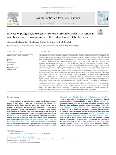 Efficacy of pulegone, and eugenol alone and in combination with synthetic insecticides for the management of three stored product beetle pests