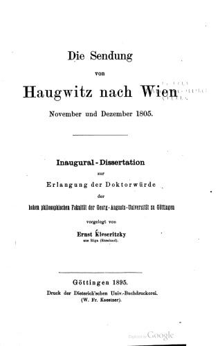 Die Sendung von Haugwitz nach Wien November und Dezember 1805