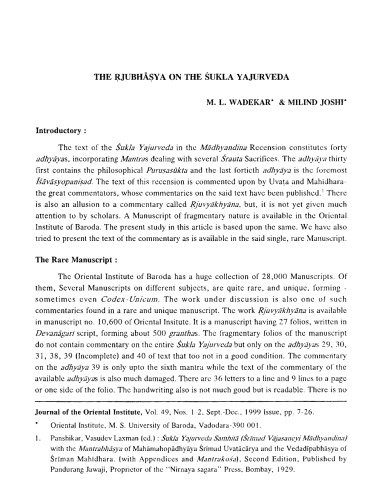 The Ṛjubhāṣya on the Śukla Yajurveda