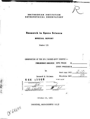 Observation of the GT-5 rocket-body reentry - preliminary analysis