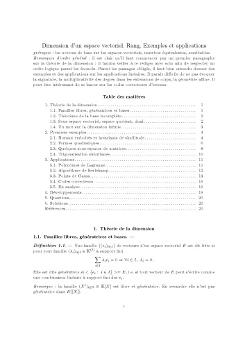 Dimension d’un espace vectoriel. Rang. Exemples et applications