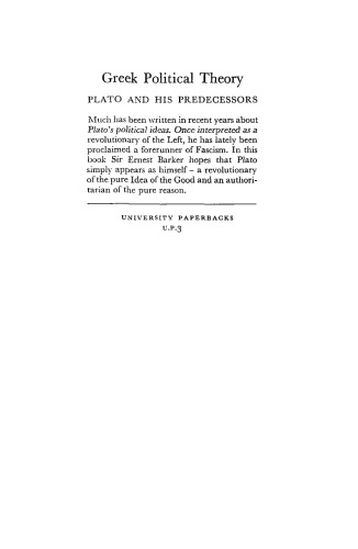 Greek Political Theory: Plato and his Predecessors