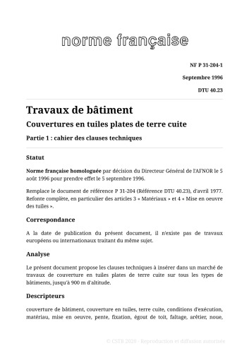 NF DTU 40.23 (P31-204) : Couverture en tuiles plates de terre cuite