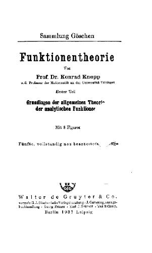 Funktionentheorie. 1. Grundlagen der allgemeinen Theorie der analytischen Funktionen