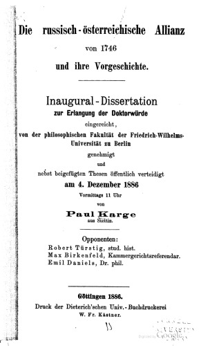Die russisch-österreichische Allianz von 1746 und ihre Vorgeschichte