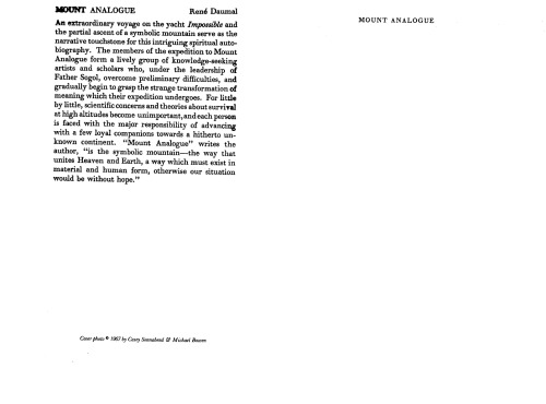 Mount Analogue: a novel of symbolically authentic non-Euclidean adventures in mountain climbing