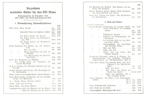 Rasse- und Siedlungshauptamt SS - Verzeichnis wertvoller Buecher fuer den SS-Mann (1935, 12 S., Scan, Fraktur)