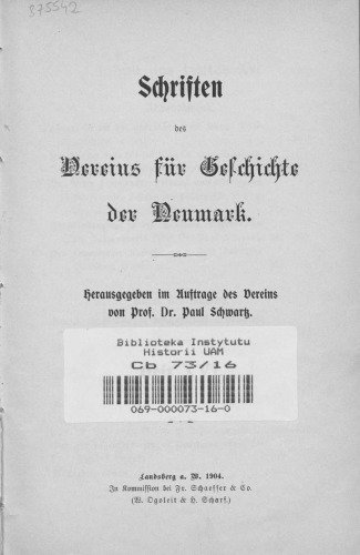 Schriften des Vereins für Geschichte der Neumark
