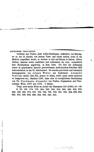 Alexander von Tralles. Original-Text und Übersetzung nebst einer einleitenden Abhandlung : Ein Beitrag zur Geschichte der Medicin [Medizin]