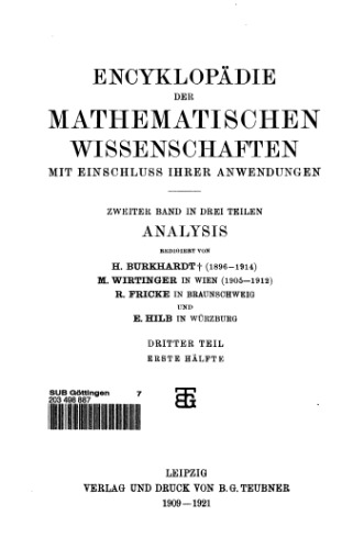 Encyclopaedie der mathematischen Wissenschaften und Anwendungen. Analysis Band 2, Teil 3, Heft 1
