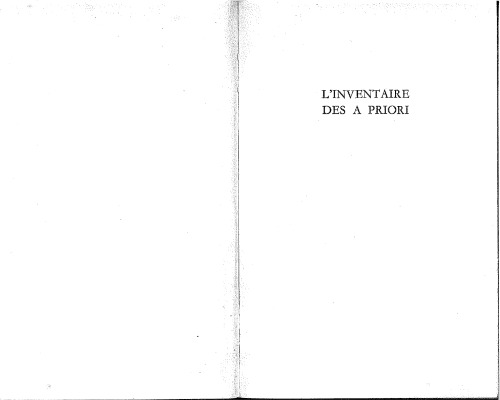 L'inventaire des A Priori - Recherche de l'originaire
