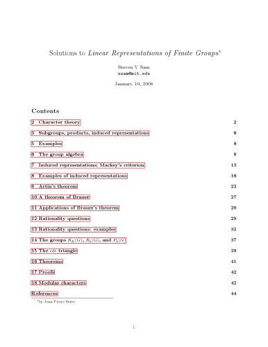 Solutions to "Linear Representations of Finite Groups" by Jean-Pierre Serre [expository notes]
