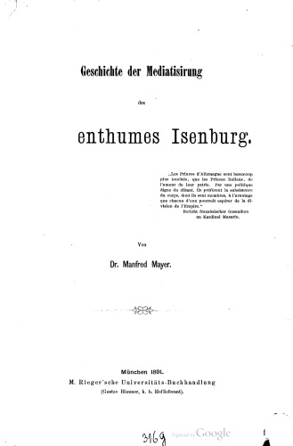 Geschichte der Mediatisirung des Fürstenthumes Isenburg