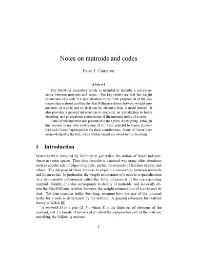 Notes on matroids and codes [expository notes]