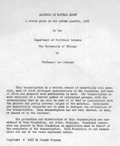 Seminar Lectures on "Natural Right" [1962]
