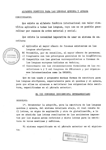 Alfabeto fonético para las lenguas quechua y aymara (1954)