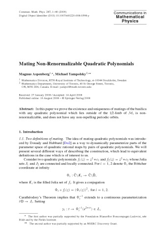 Communications In Mathematical Physics - Volume 287