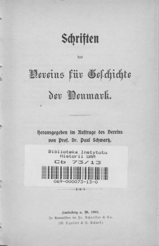 Schriften des Vereins für Geschichte der Neumark
