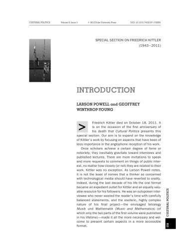 Special Section on Friedrich Kittler
