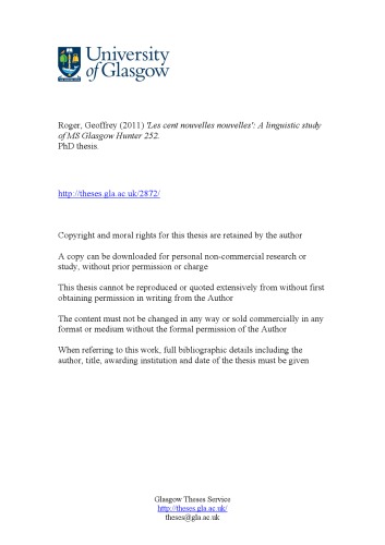 ’Les cent nouvelles nouvelles’ : a linguistic study of MS Glasgow Hunter 252