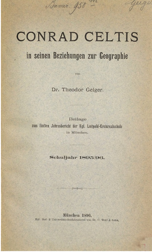 Conrad Celtis in seinen Beziehungen zur Geographie