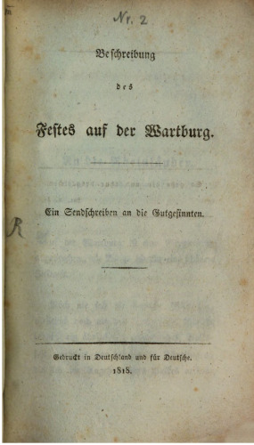 Beschreibung des Festes auf der Wartburg : Ein Sendschreiben an die Gutgesinnten
